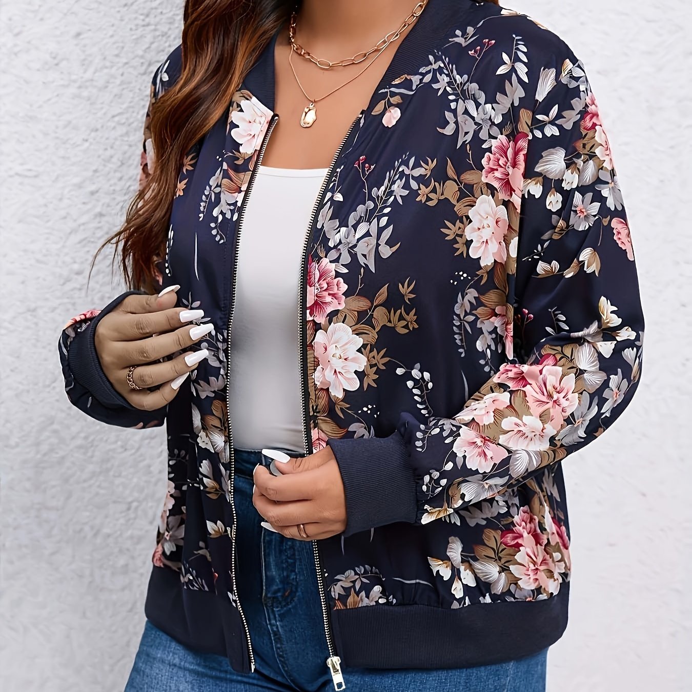 Plus Size Floral Zipper Jacket for Women Fall Winter Casual Long Sleeve
