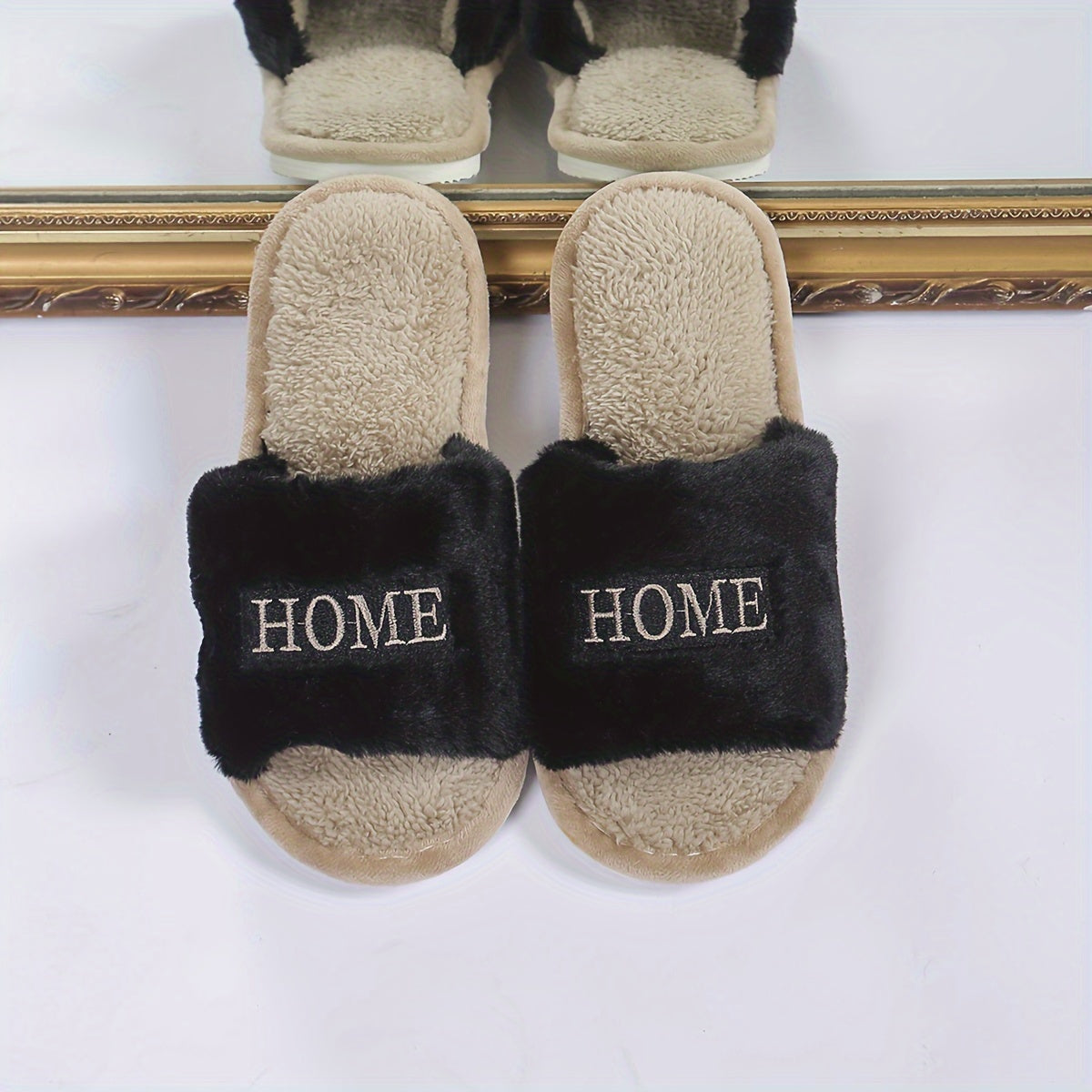 White Women's Plush Slippers with "HOME" Embroidery Indoor Cozy Furry Slip-Ons