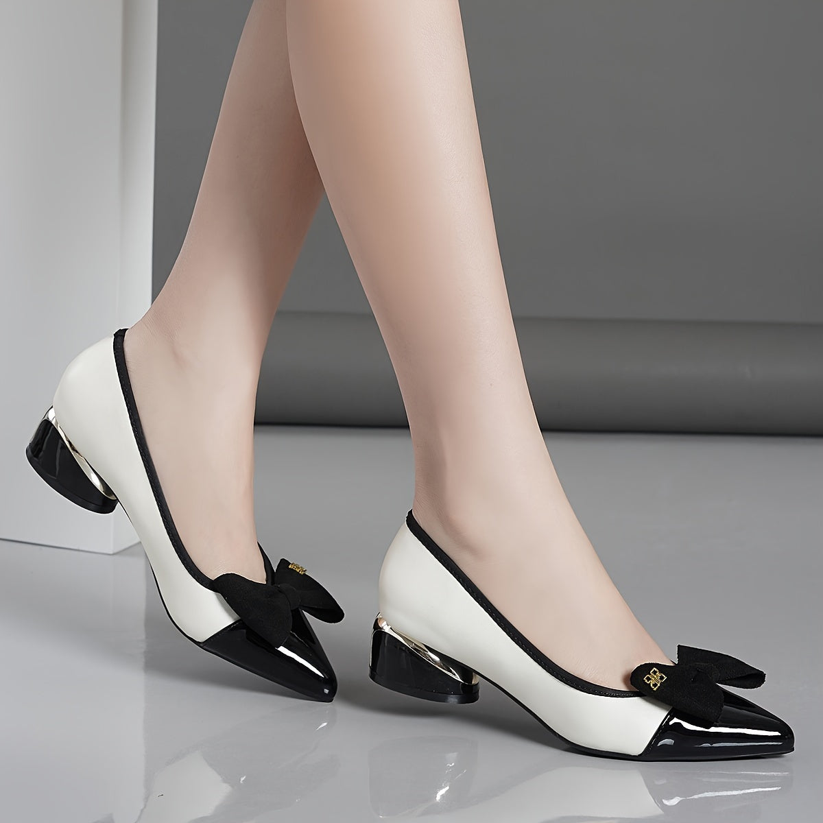 Women's Chunky Block Heel Shoes with Bowknot Decor Pointed Toe Slip-On Dress Pumps