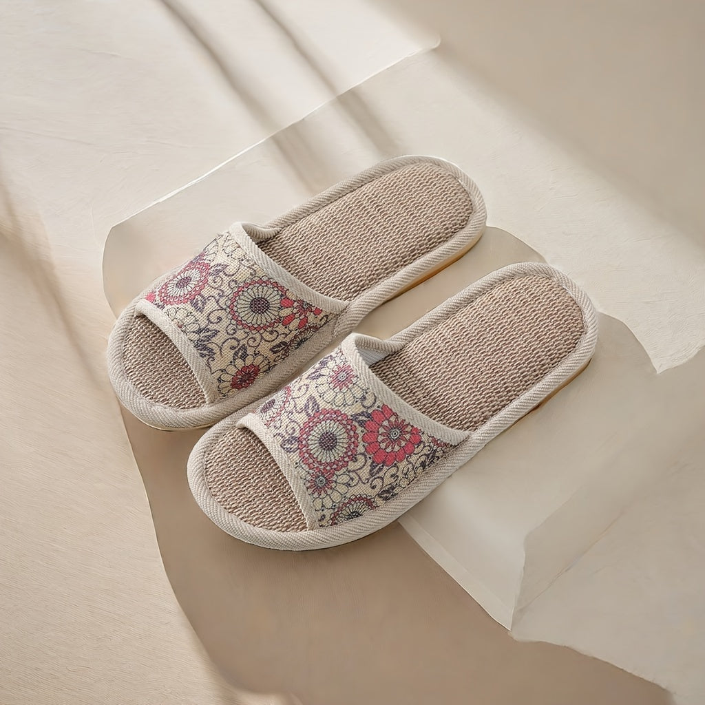 Women Flower Pattern Slippers Open Toe Linen Indoor Shoes
