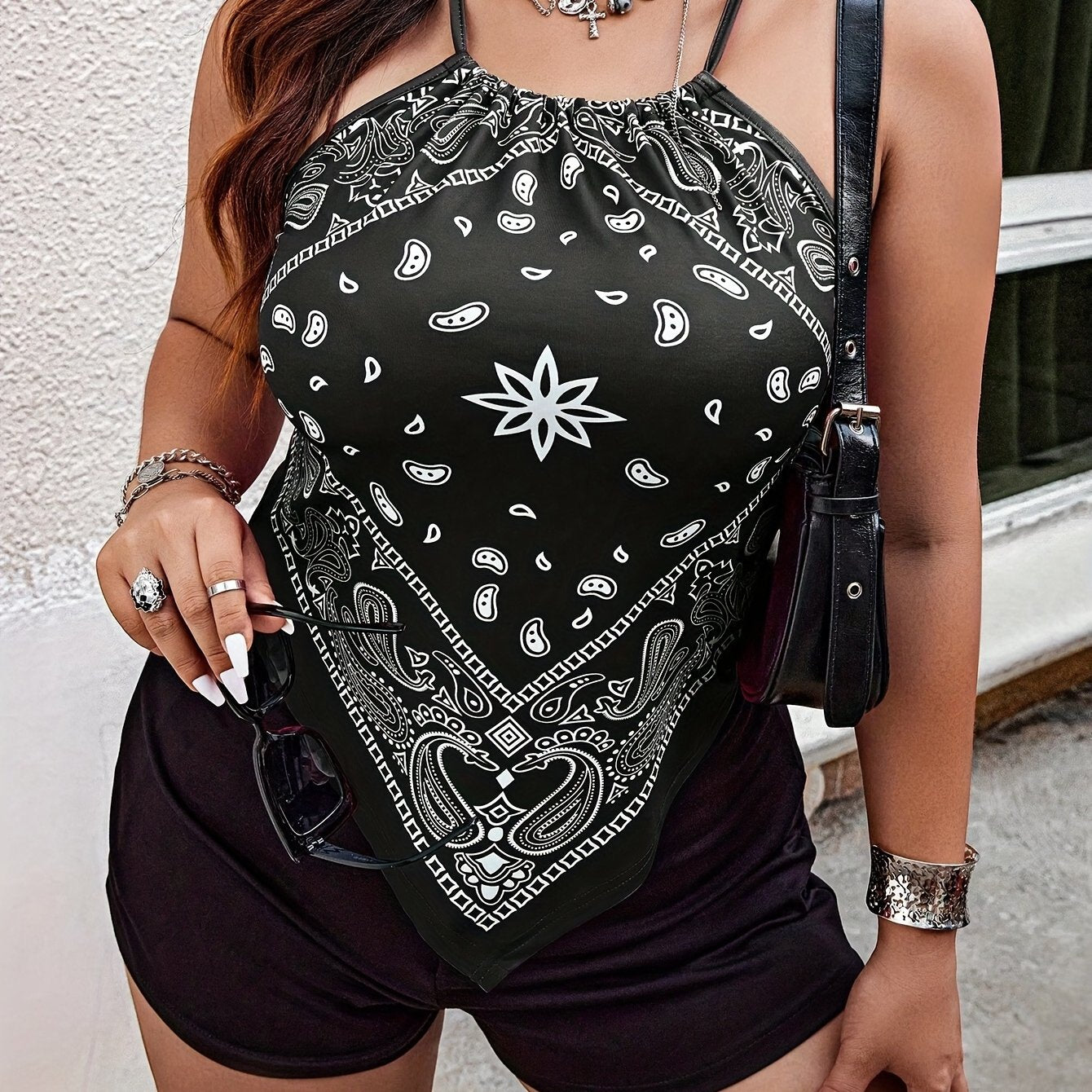 Топ без рукавов для женщин больших размеров черный и белый пейсли летний повседневный