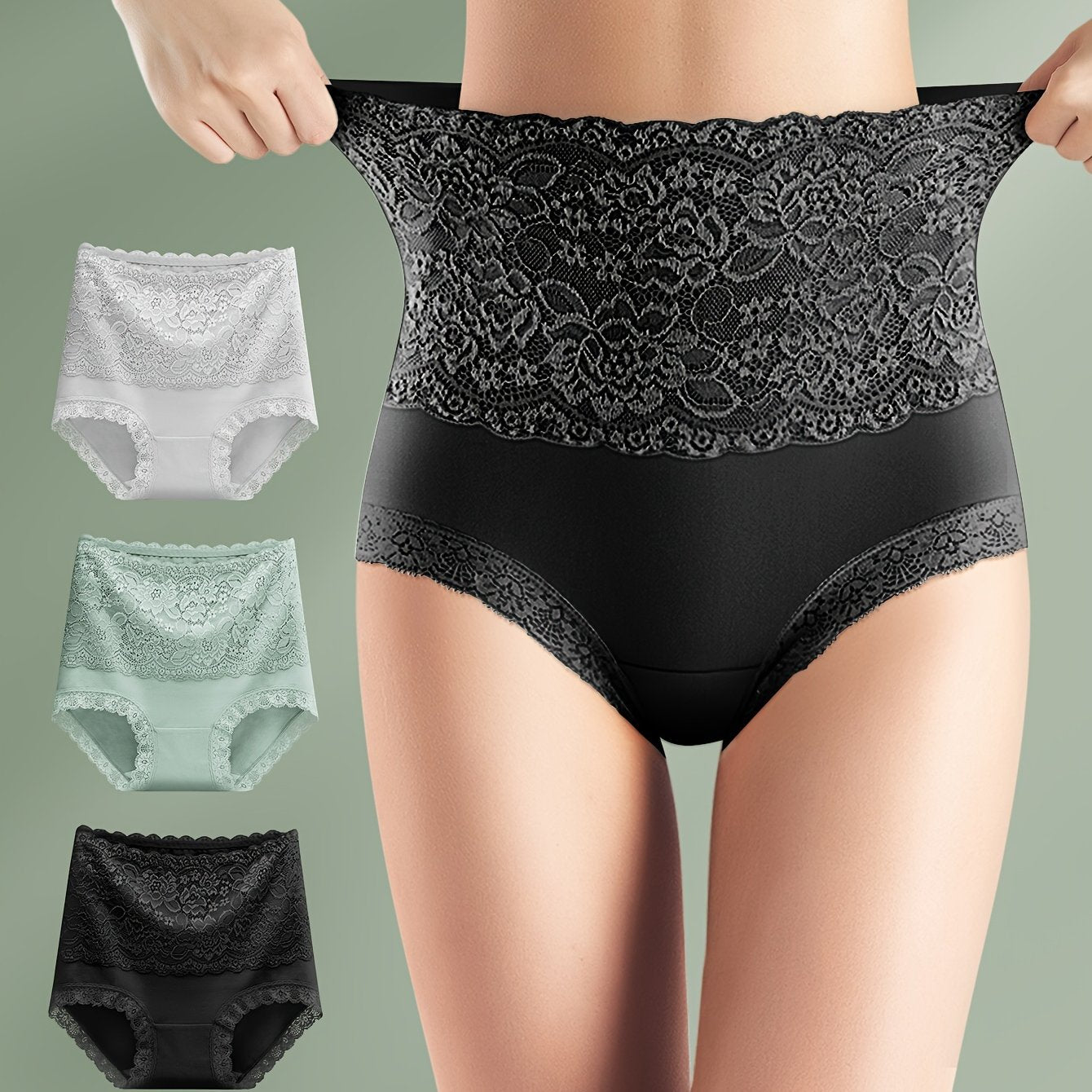 Set of 3 High-Waisted Tummy Control Lace Panties for Women