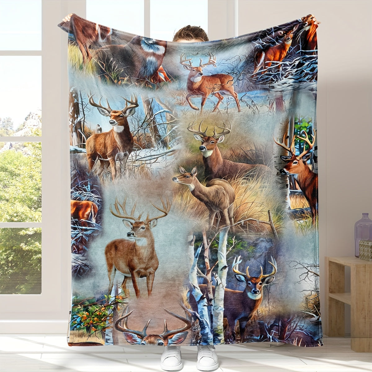 Plush Flannel Deer-Design Throw Blanket for Couch Bed Travel All-Season