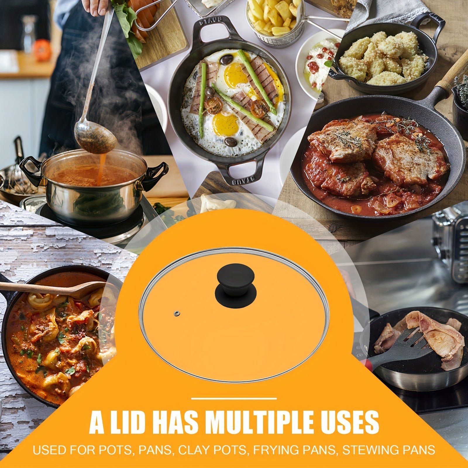 Universal Tempered Glass Lid for Frying Pan Skillet Cast Iron Pot 25.4cm 30.99cm 33.02cm 36.83cm