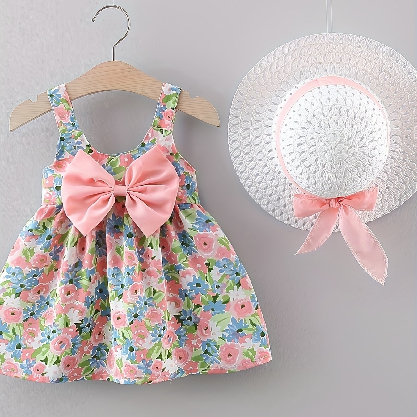 Baby Girls Floral Dress Set Summer Sleeveless Polyester with Hat Ages 0-3