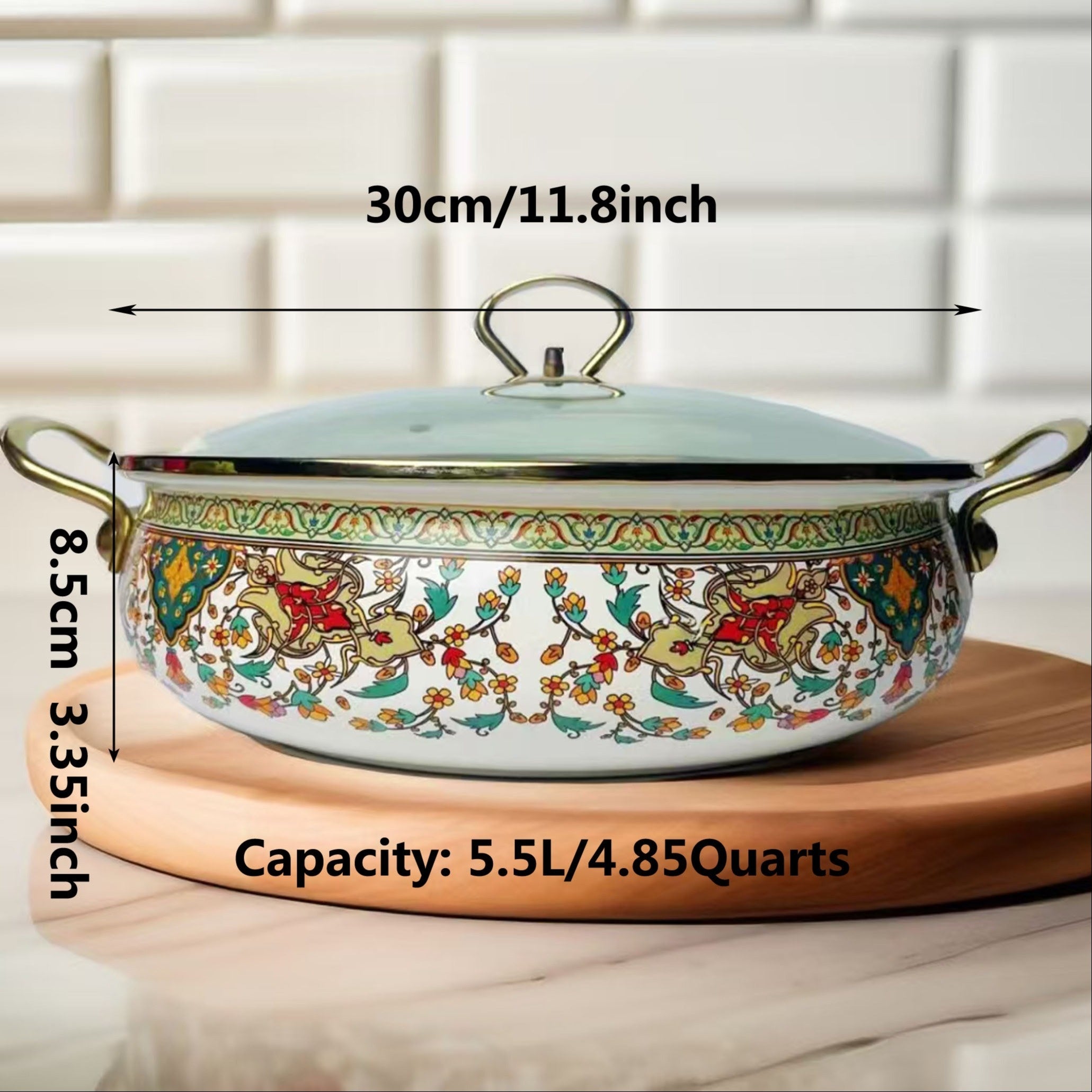 Vintage Enamel Stockpot 30cm Shallow Soup Pot with Lid Handle Induction Compatible