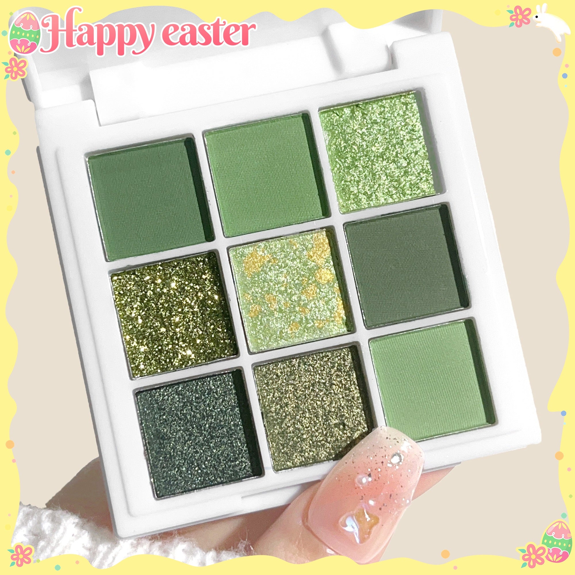 Yashil ko‘z makiyaji palitrasi 9 ta rangli mat, shaffof va suvga chidamli, uzoq davom etadigan