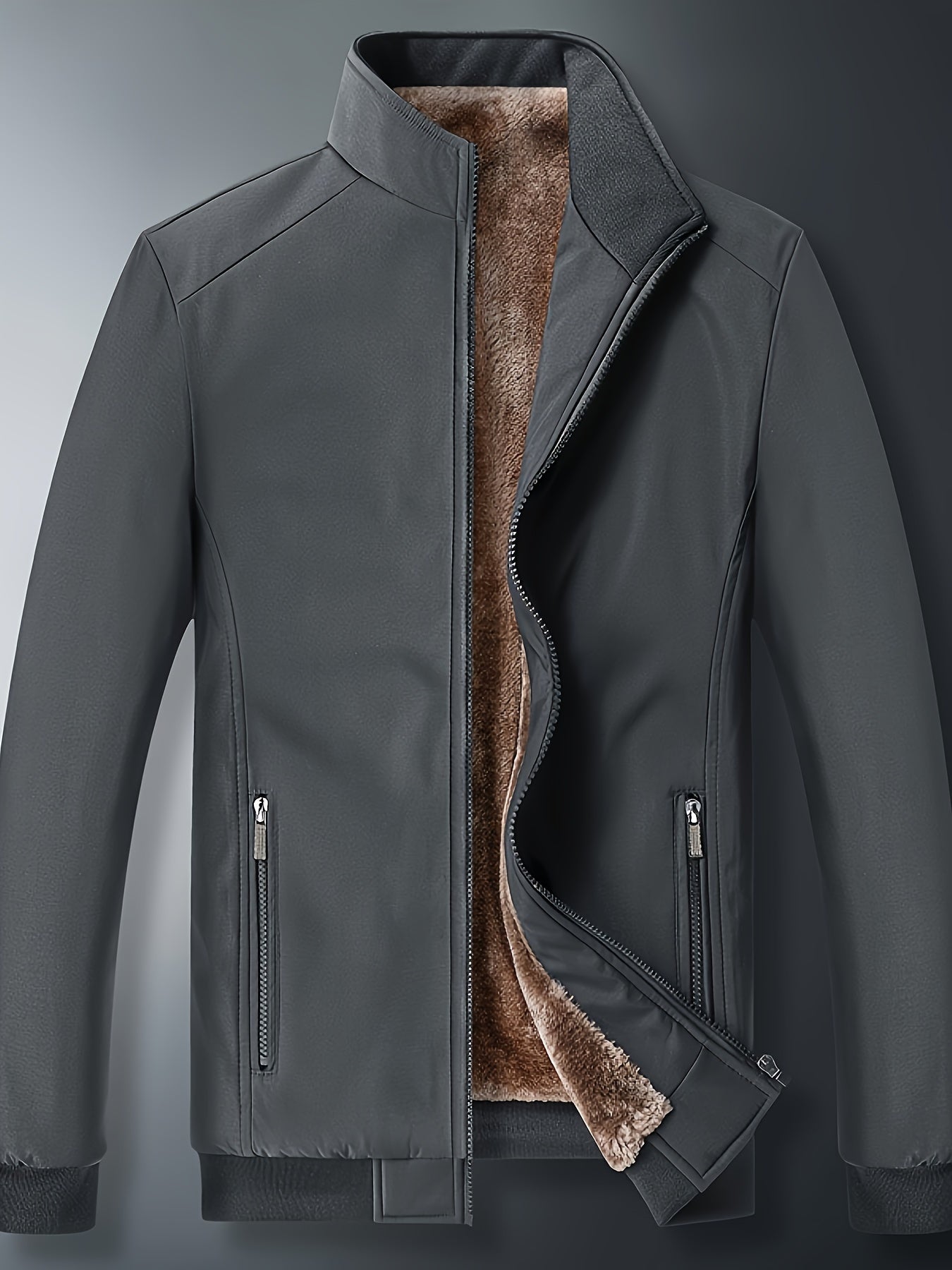 Erkaklar uchun ko'k rangli tasodifiy kurtka, ichki qismi to'quv, fermuarlı cho'ntaklar va turli xil yelka, kuz va qish mavsumida issiqlik uchun polyesterdan tayyorlangan.