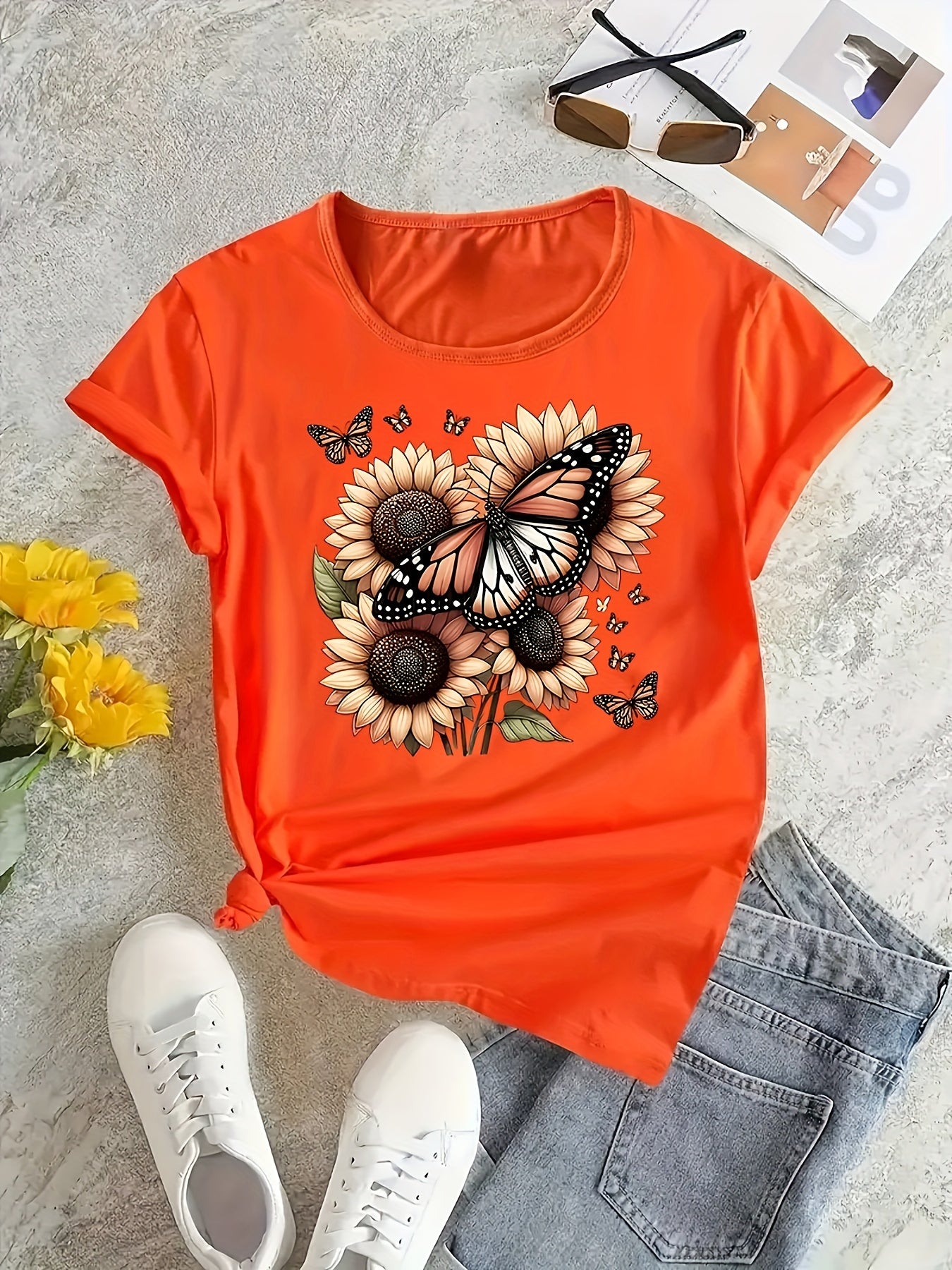 Plus Size Women's Cotton Butterfly Sunflower Print T-Shirt Casual Short Sleeve Top