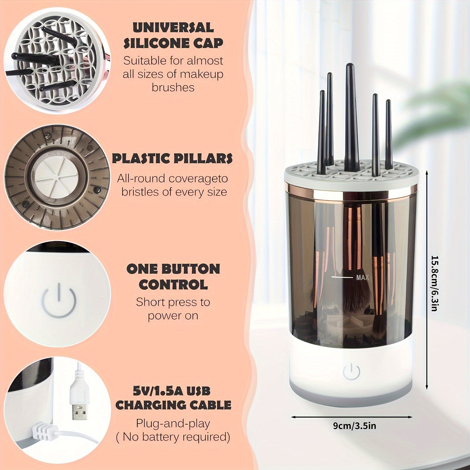 USB Powered Makeup Brush Cleaner for All Types Easy to Use Compact Electric Brush Washer and Dryer