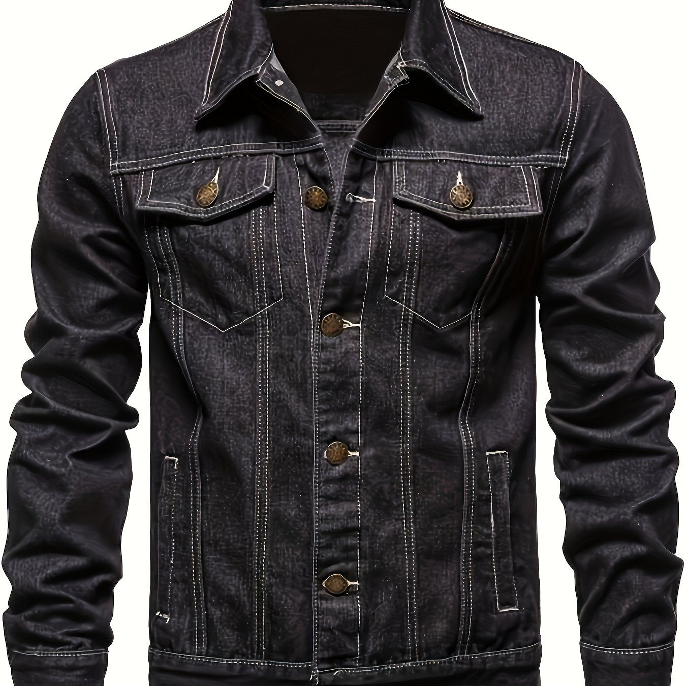 Men's Denim Jacket Long Sleeve Solid Color Woven Workwear with Lapel Pockets