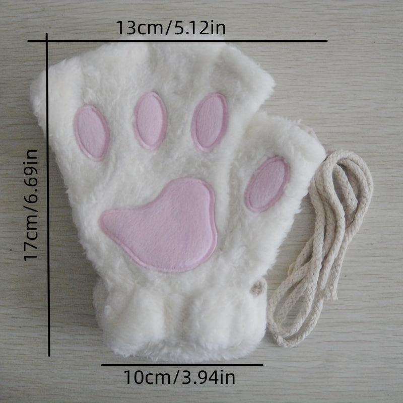 Cute Cat Claw Plush Gloves for Women Warm Fuzzy Half Finger Autumn Winter