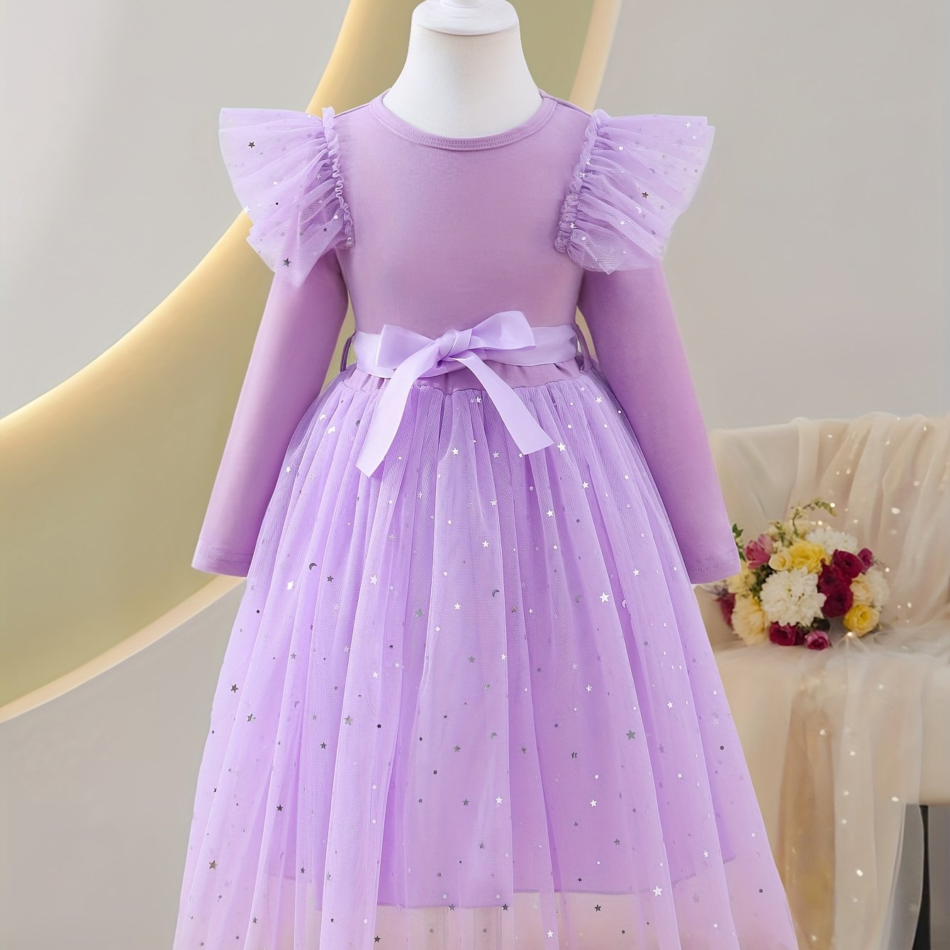 Girls Long Sleeve Tulle Hem A-line Dress for Spring Fall Casual Party Outdoor