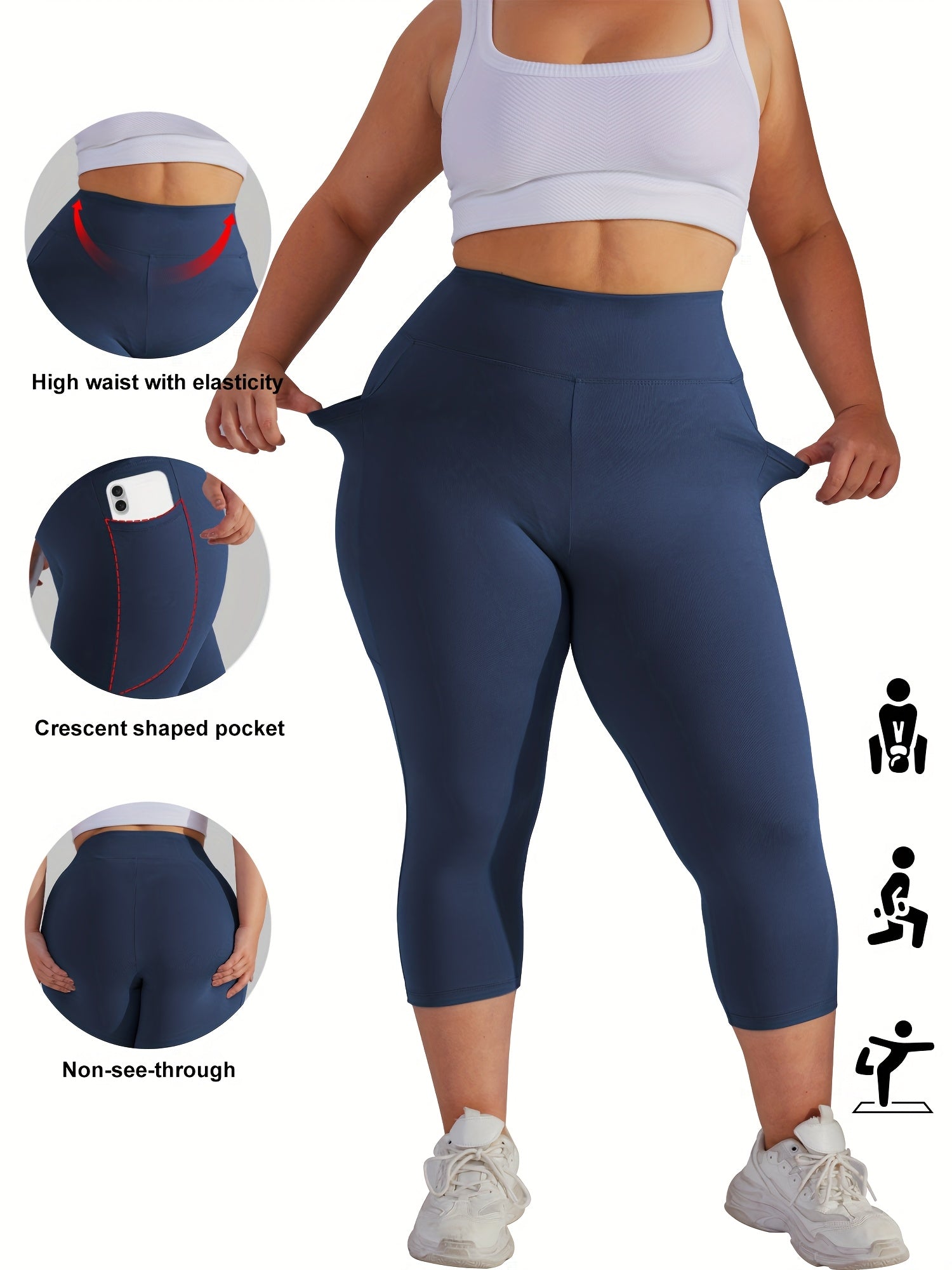 Женские леггинсы для йоги большого размера с высокой талией, карманами и контролем живота