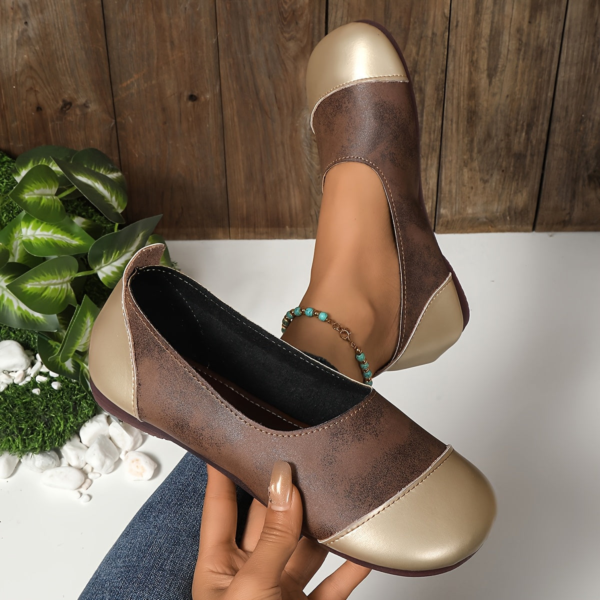 Women's Two-Tone Slip-On Flats Brown and Gold Casual Mary Jane Shoes