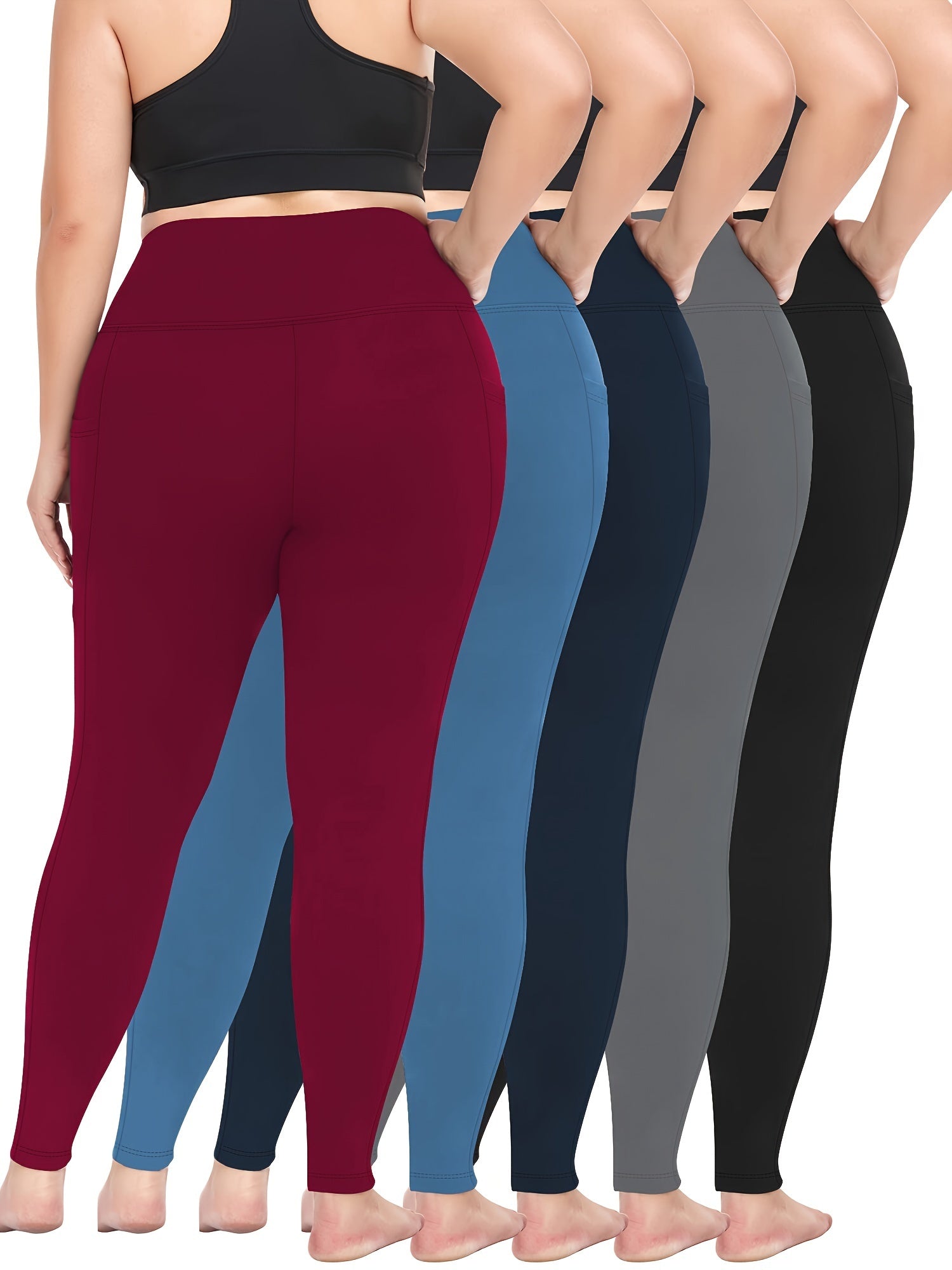 Plus Size Women High-Waisted Leggings Set With Side Pockets 5 Pack