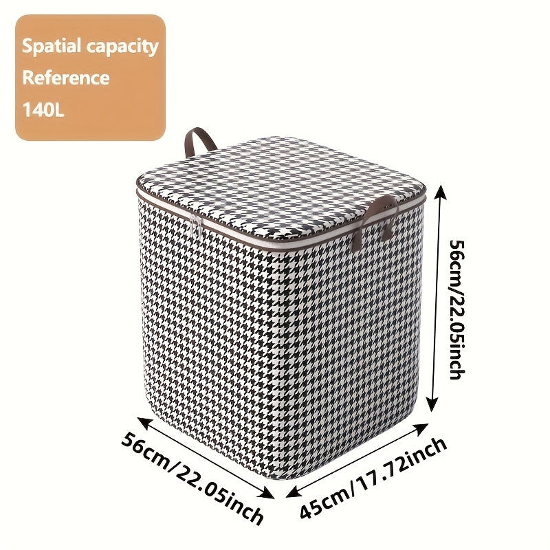 Большая вместительная коробка для хранения с узором «гусиная лапка» и ручками из искусственной кожи для одежды, постельных принадлежностей, игрушек