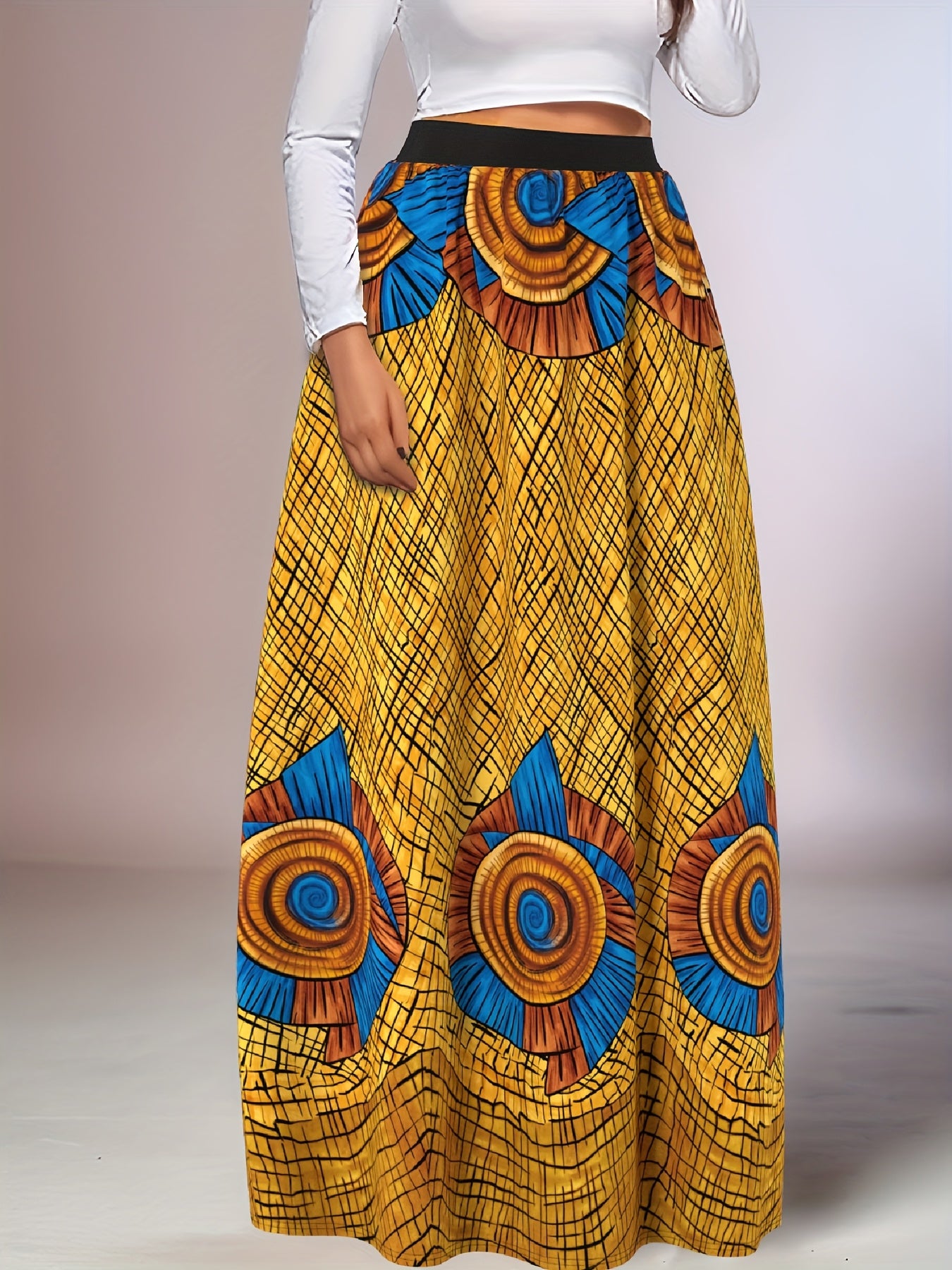 Women's Maxi Skirt High-Waisted Flowing Polyester African Pattern