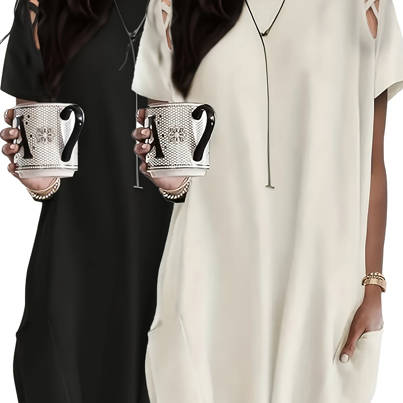 Plus o'lcham ayollar uchun batwing qo'lqopli kofta 2-to'plam qora, erkin fit bluz