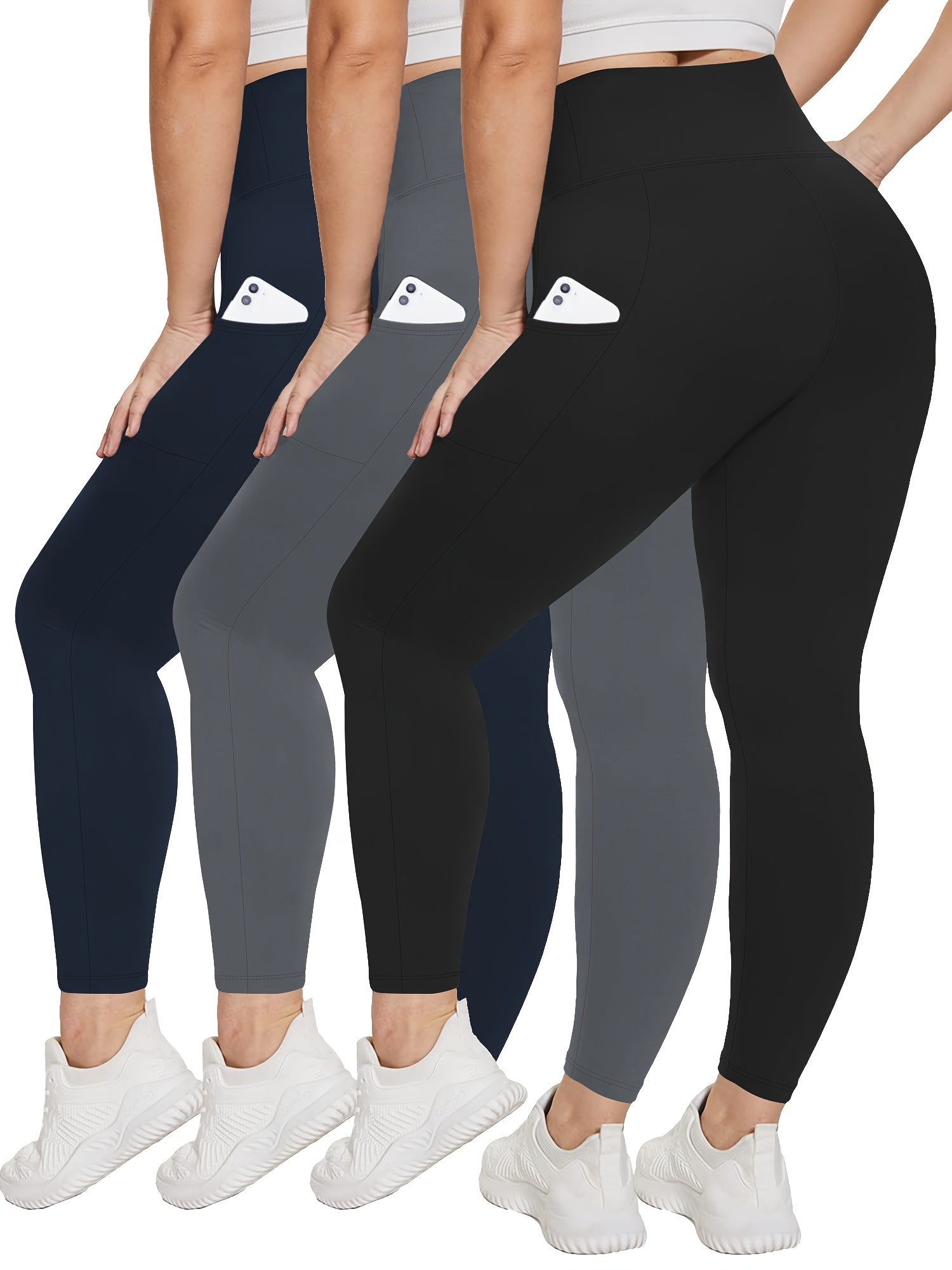 Plus Size Womens Black Pockets High Waisted Tummy Control Leggings Set