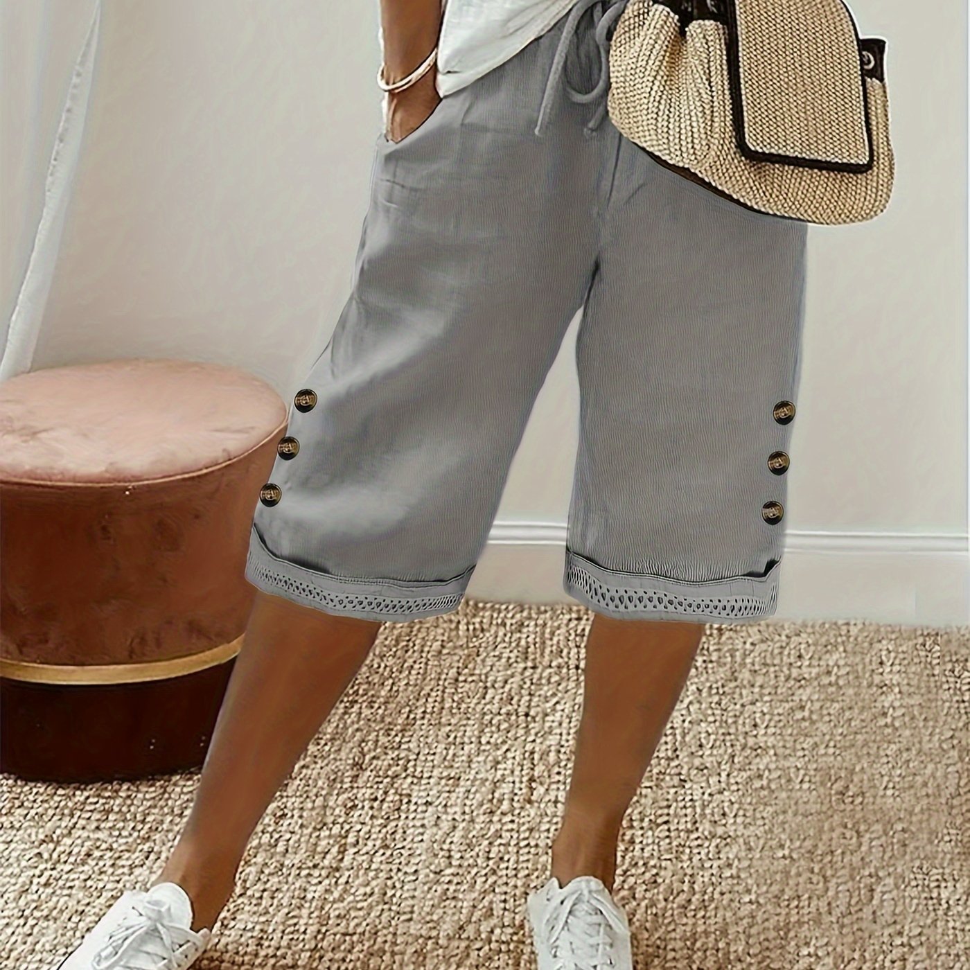 Women's Polyester Drawstring Capri Pants with Braided Hem and Faux Button Details