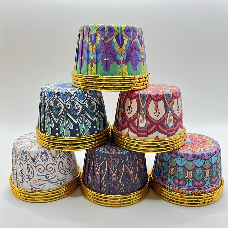 Pack of 50 Large Bohemian Style Gold Paper Cupcake Liners for Muffins and Desserts
