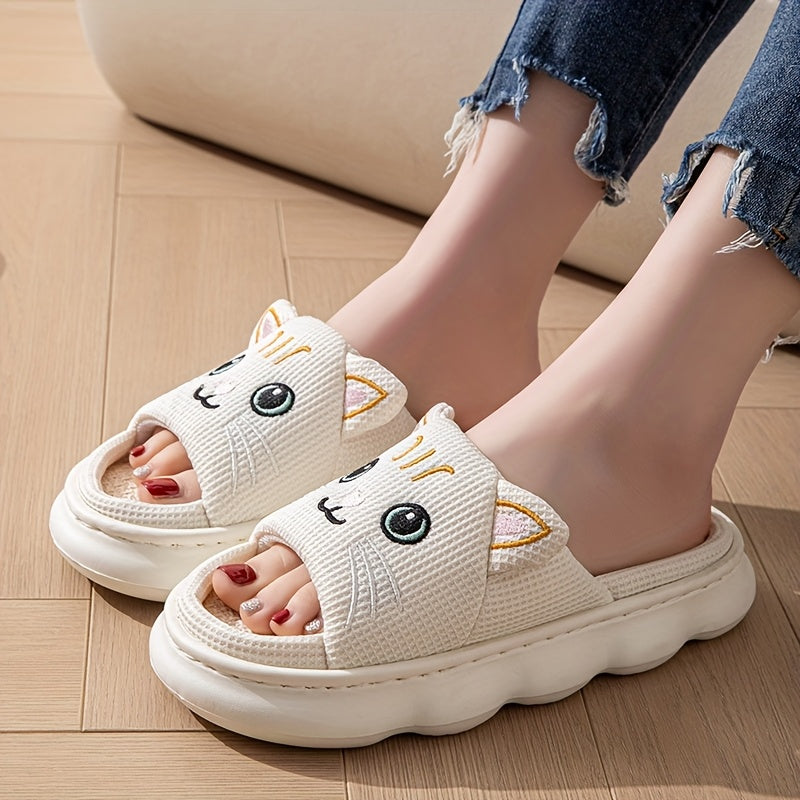 Women’s Slip-On Slippers with Cat Face Design, Soft Fabric, Indoor Shoes