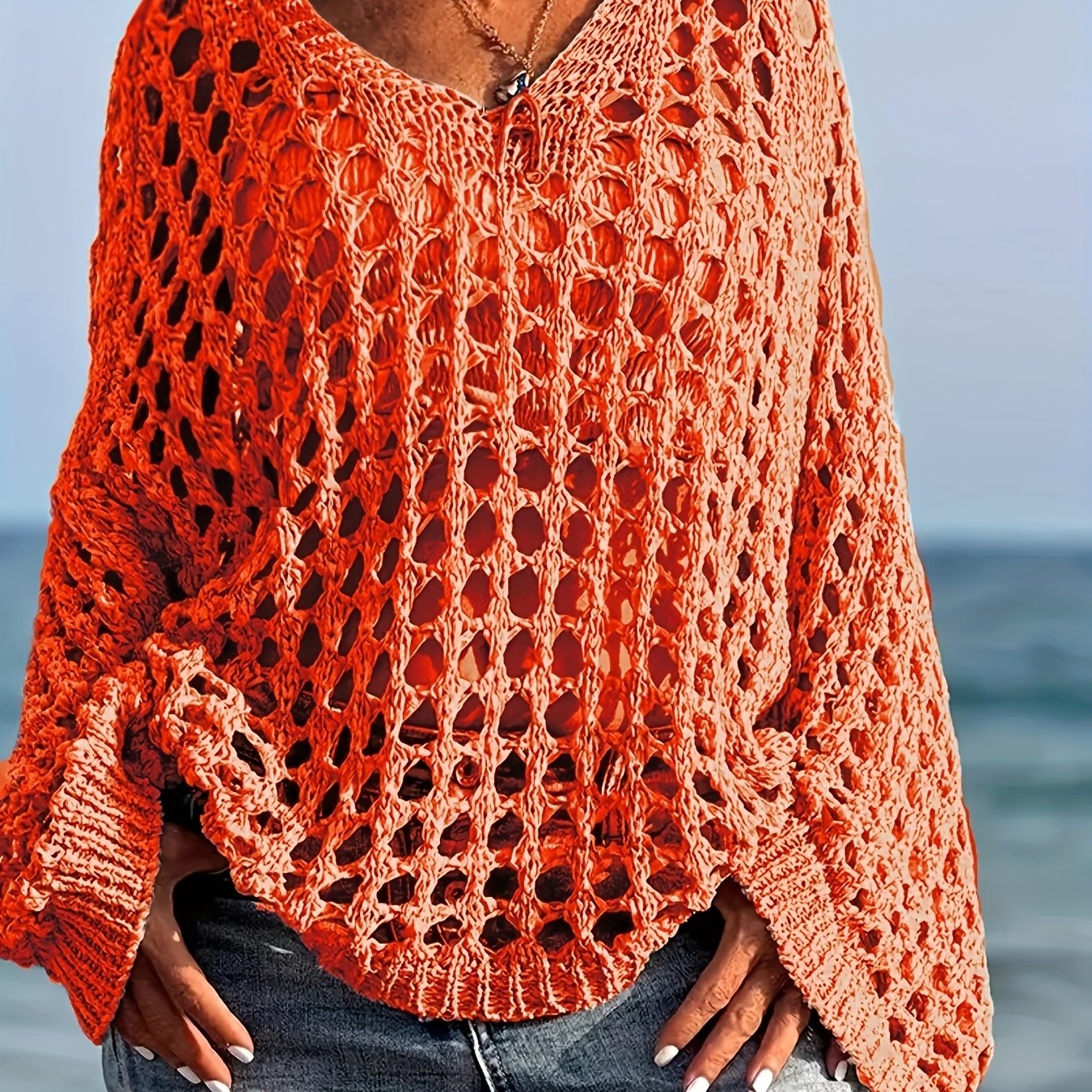 Suéter casual de manga larga de color sólido para mujer talla grande