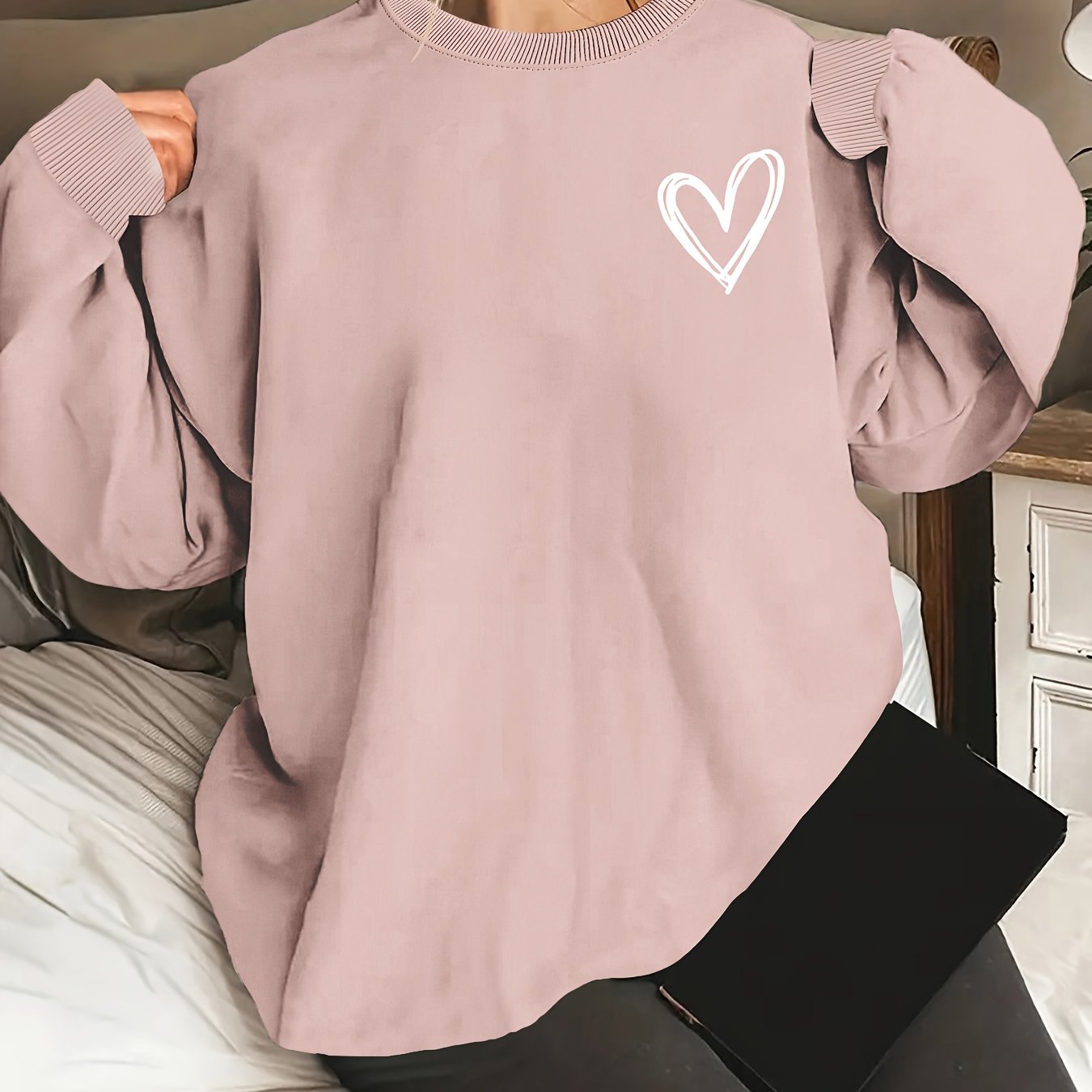 Толстовка оверсайз с принтом сердечек, повседневная, с длинными рукавами, круглый вырез, для женщин