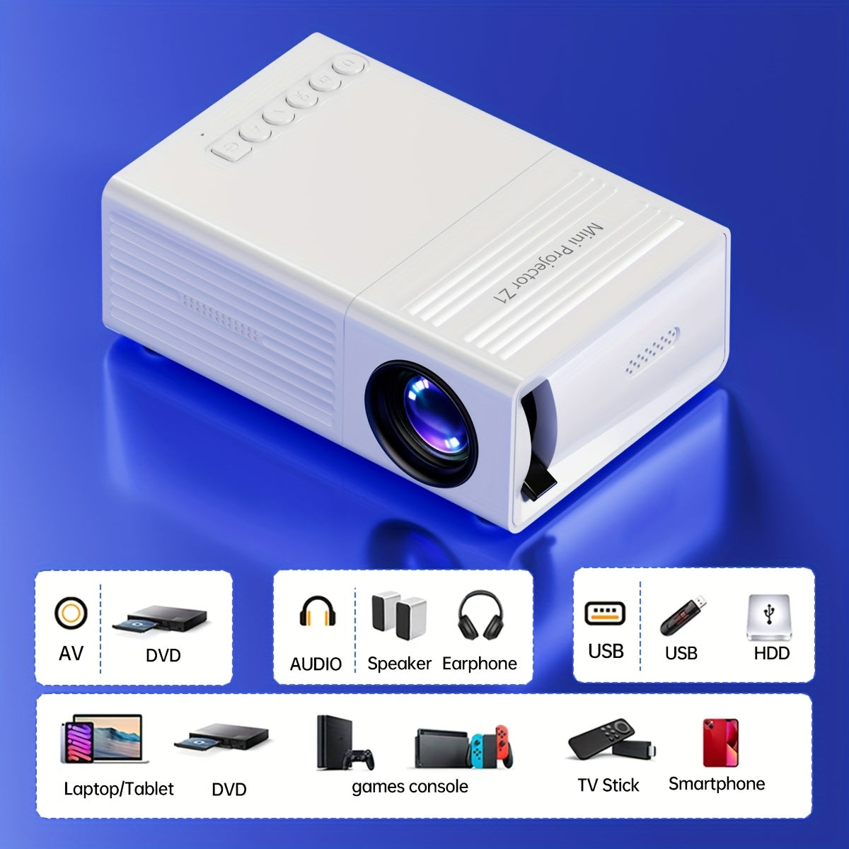 Portable Home Theater Projector Compatible with TV Stick Laptop Smartphone