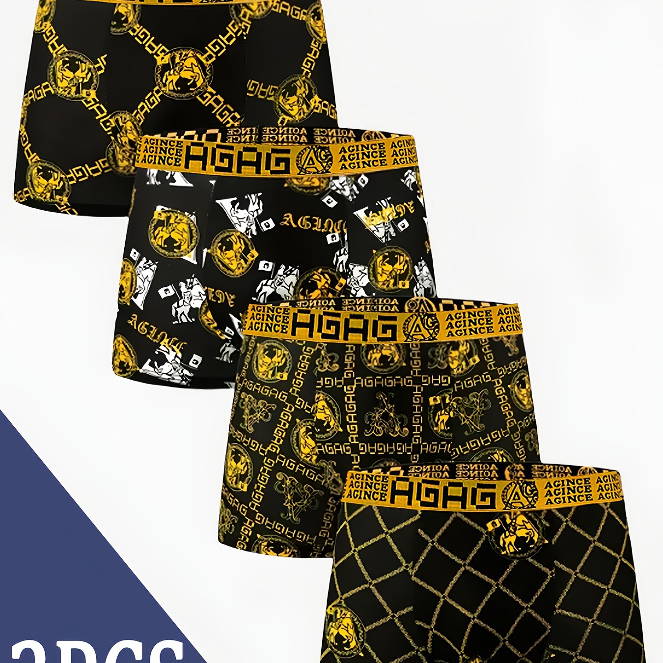 2-Pack erkaklar uchun boxer shortlari, oltin bosma bilan, 95% polyester va 5% spandeksdan tayyorlangan. Elastik to'qilgan mato, geometrik naqsh va nafas oladigan, tez quriydigan material bilan ta'minlangan, kundalik foydalanish uchun mustahkam.