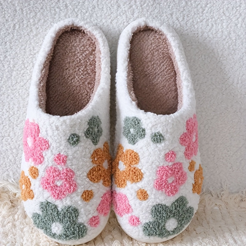 Unisex Plush Floral Slippers Warm Indoor House Shoes with Sunflower Design