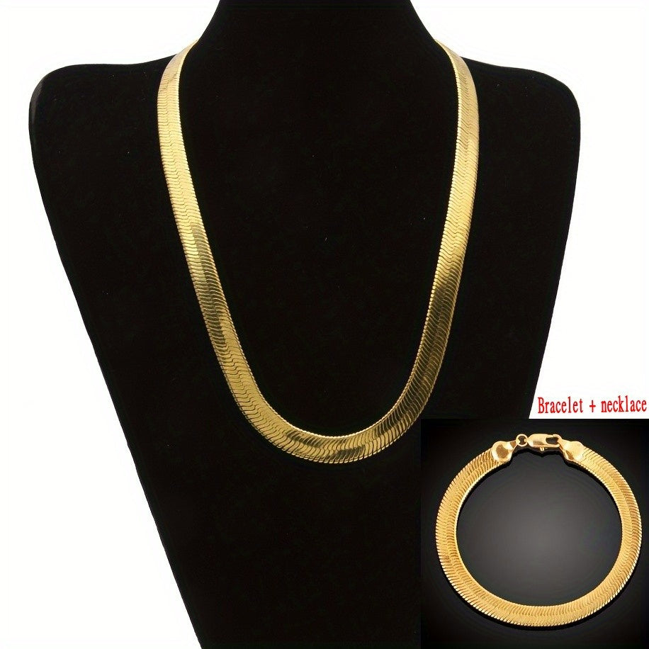 Men's Gold-Tone Flat Herringbone Necklace and Bracelet Set Jewelry Accessories