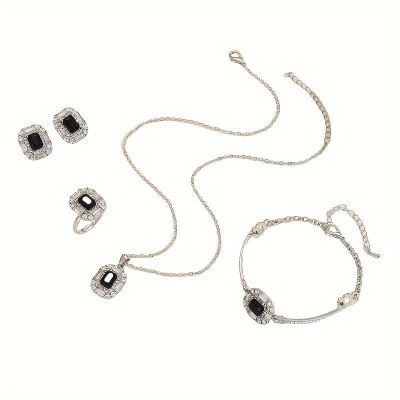 Black Geometric Square Women's Jewelry Set Necklace Earrings Bracelet Ring 5 Pieces