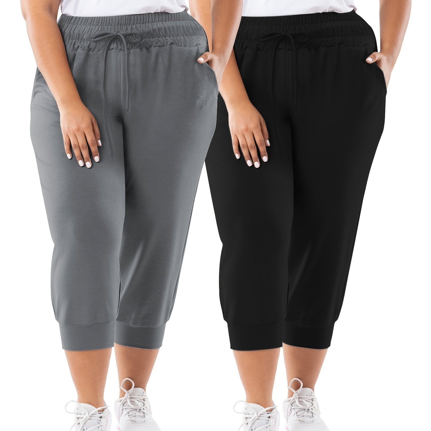 Plus Size Women's Stretchy Capri Joggers Black, Drawstring Waist, Pockets