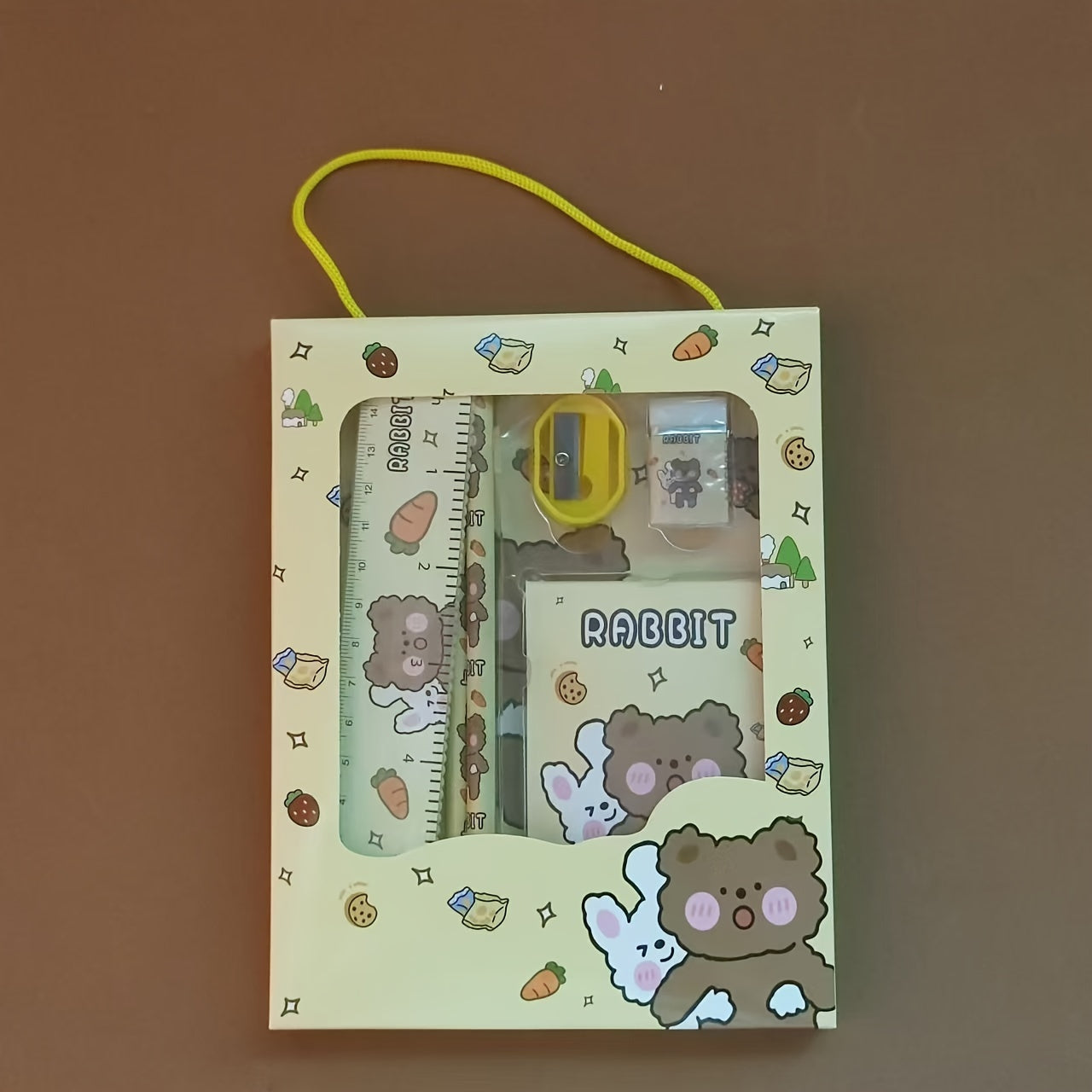 Talaba va sovg‘alar uchun 6 ta qismdan iborat multfilmli yog‘och ofis jihozlari to‘plami, qalamlar, qirqishlar, chiziq, qalam silliqlash va sumka bilan