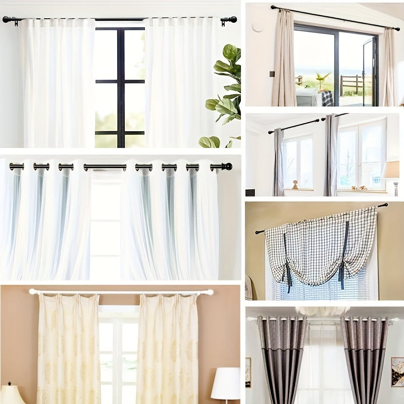 Elegant Black and White Adjustable Metal Curtain Rod Set with Decorative Hooks