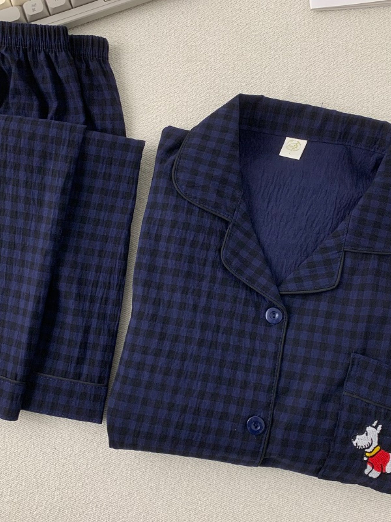 Women's Embroidered Puppy Plaid Pajama Set Plus Size Long Sleeve Casual Sleepwear