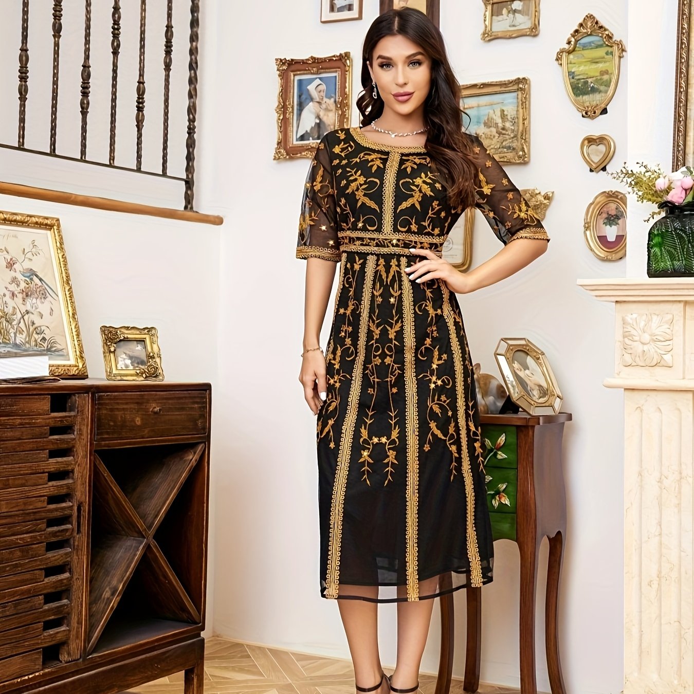 Women's Red Embroidered Sleeveless Dress with Geometric Pattern