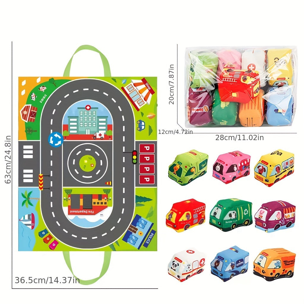 Bola chaqaloqlar uchun mato avtomobil o'yinchoq, saqlash sumkasi bilan, ovozli qog'oz va transport mavzusidagi dizayn.