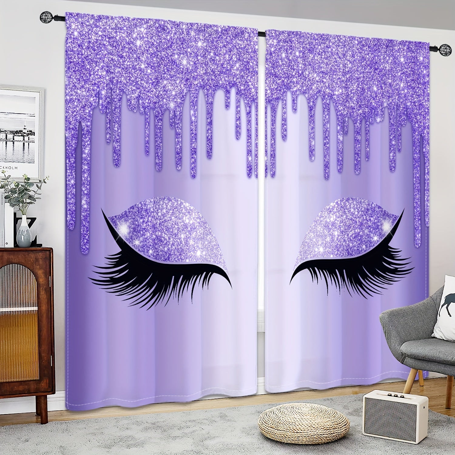 Set of Two Eyelash Printed Curtains, Rod Pocket Window Treatments for Bedroom and Living Room