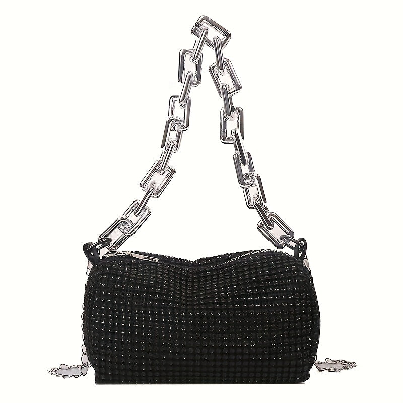 Women's Evening Bag with Chain Straps and Zipper Closure in Silver Gray