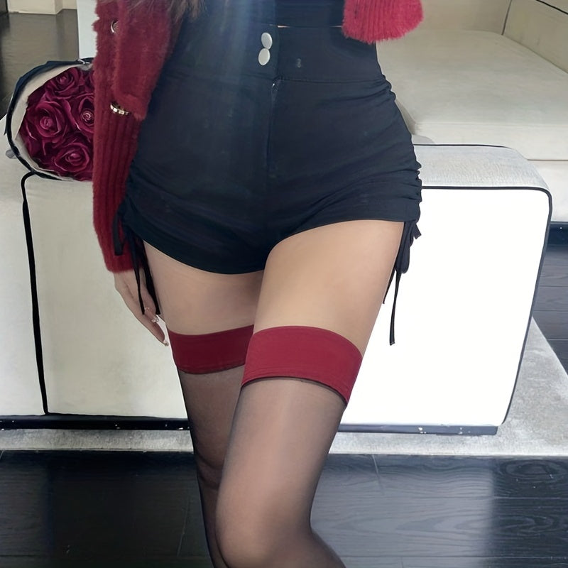 Women Black Thigh-High Stockings with Red Trim Ultra-Sheer Knit Nylon Elastane Summer Anti-Slip