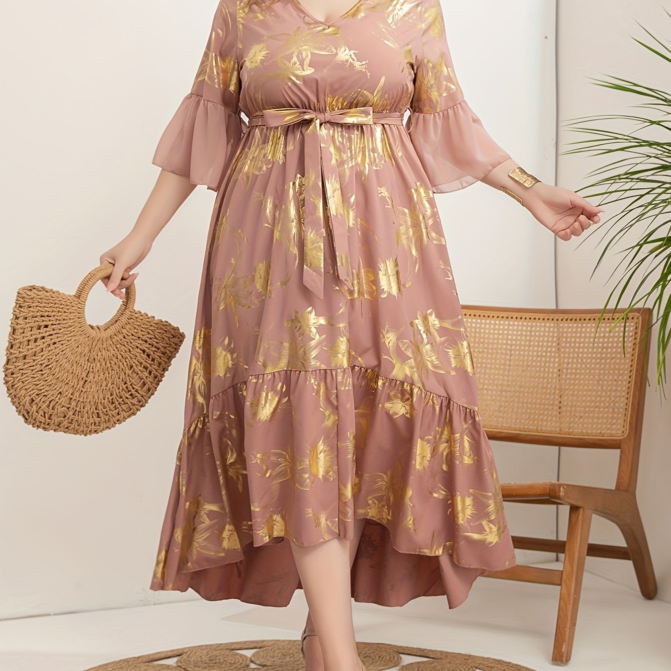 Vestido túnica de mujer talla grande con escote en V, poliéster, para todas las estaciones, tejido con cinturón