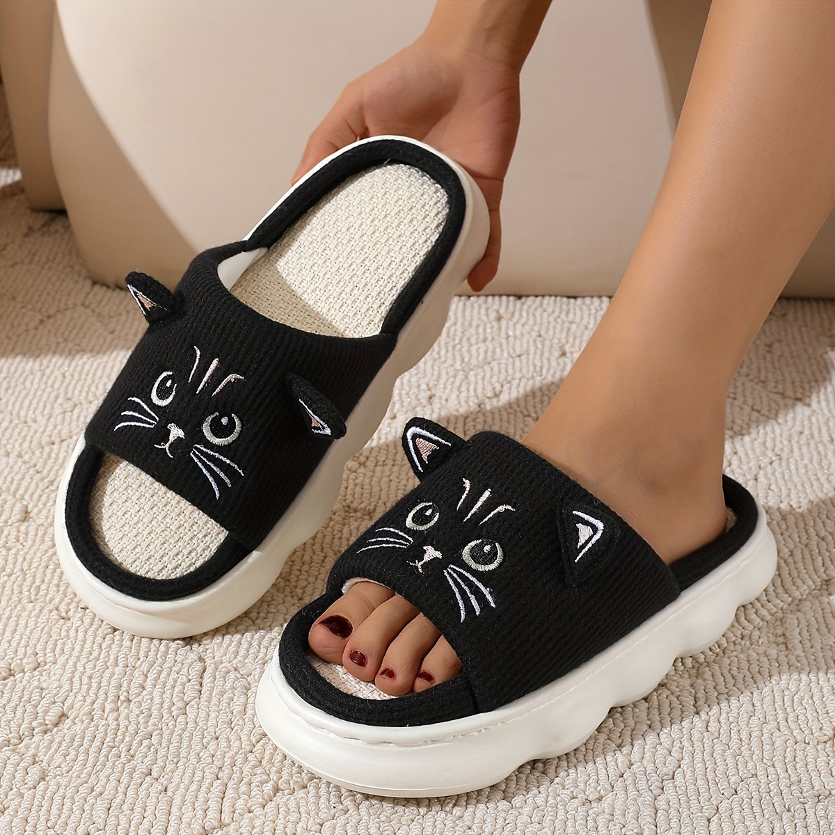 Unisex Cotton Cat Print Slip-On Slippers Indoor Casual Comfortable