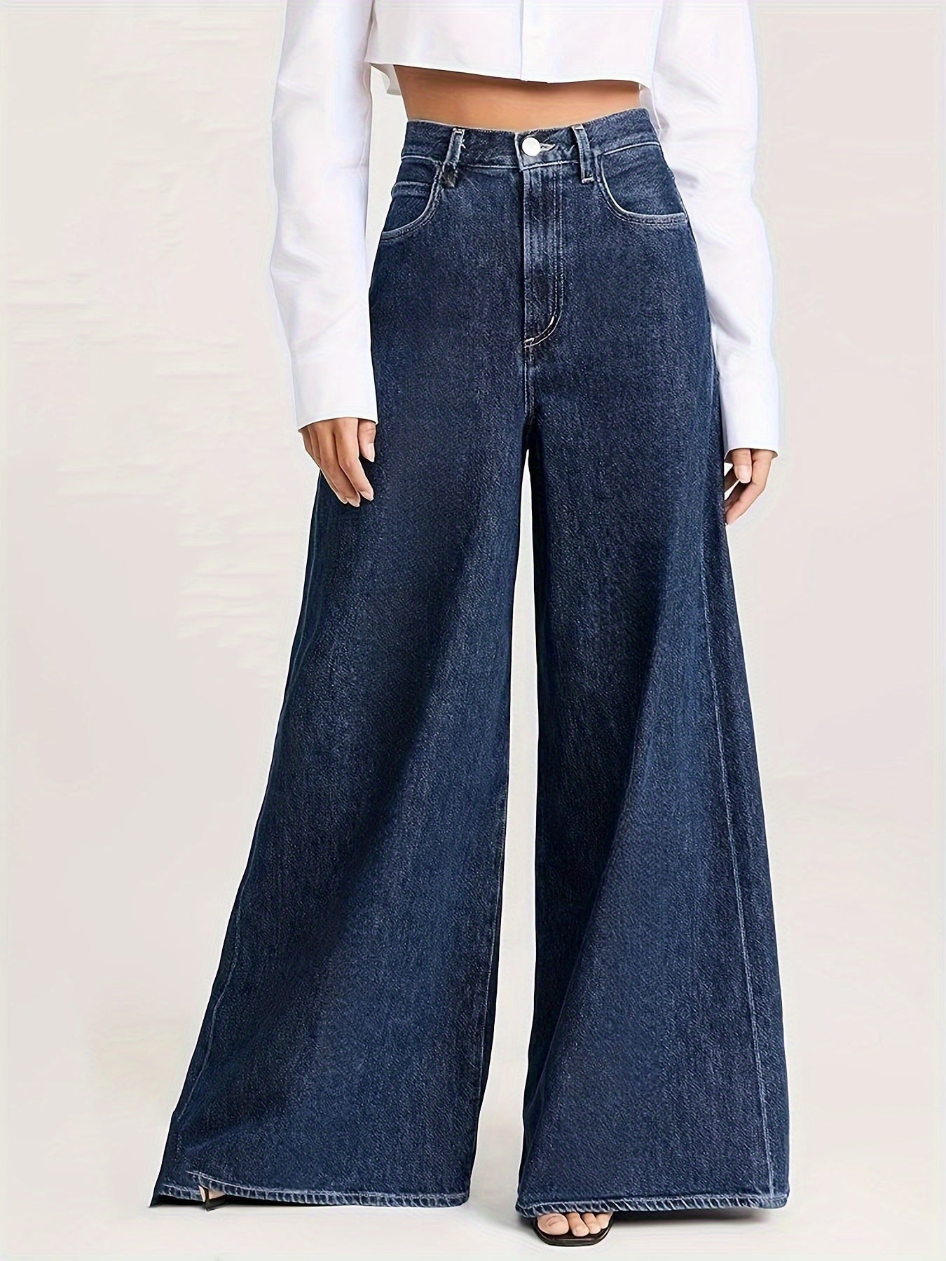 Women's Wide Leg Denim Jeans High-Waisted Solid Color Washed Finish All-Season Medium Stretch