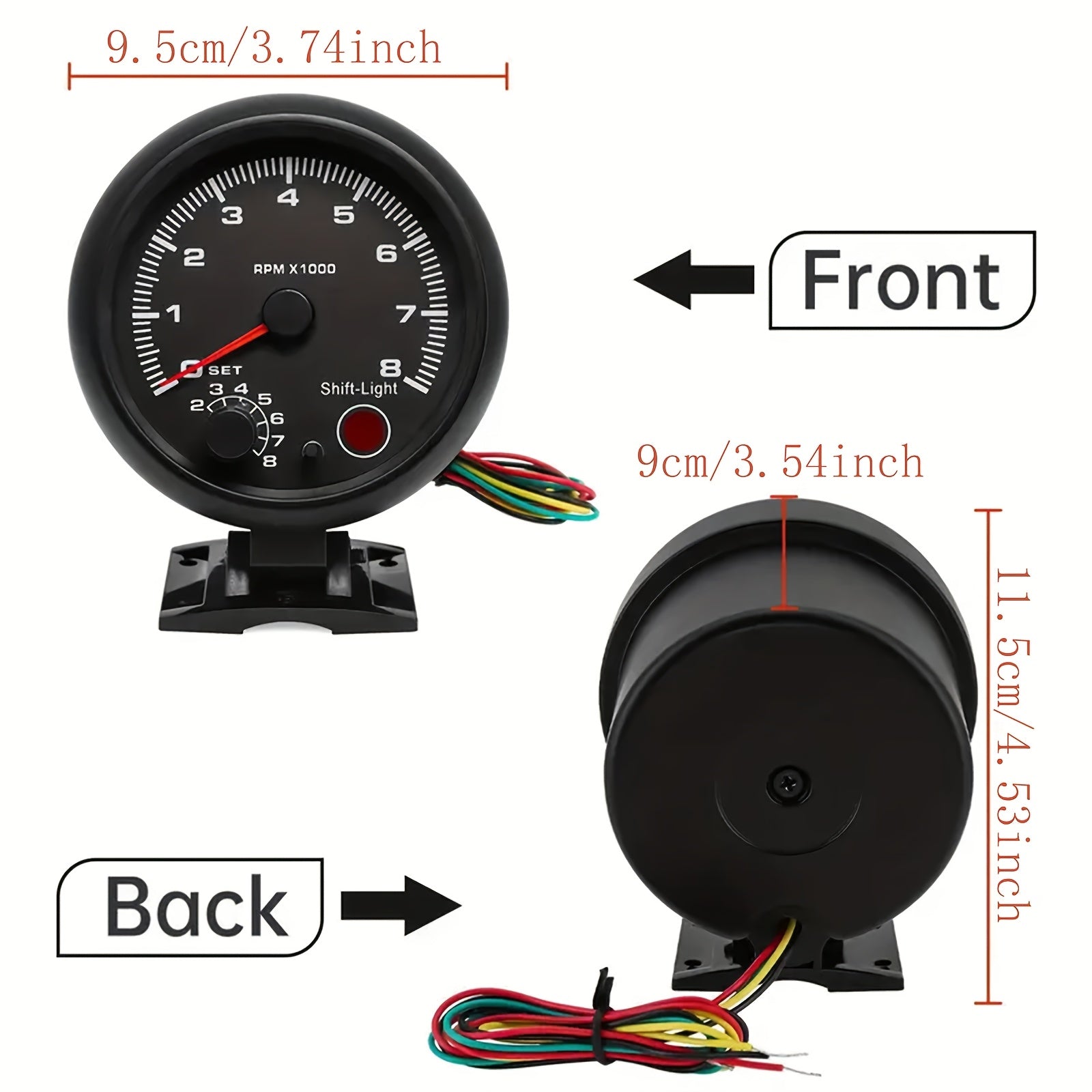Black Tachometer Gauge 9.53cm 0-8000 RPM with Blue Shift Light for Cars