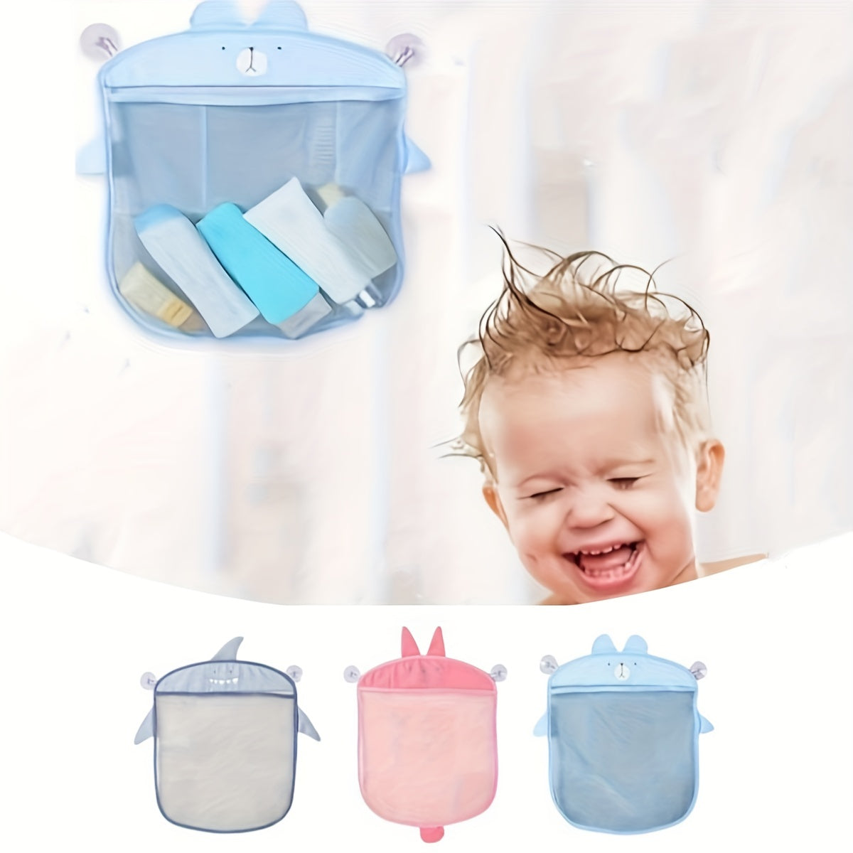 Mesh Storage Bag with Suction Cups for Bathroom Cartoon Animal Shapes for Shower and Bath