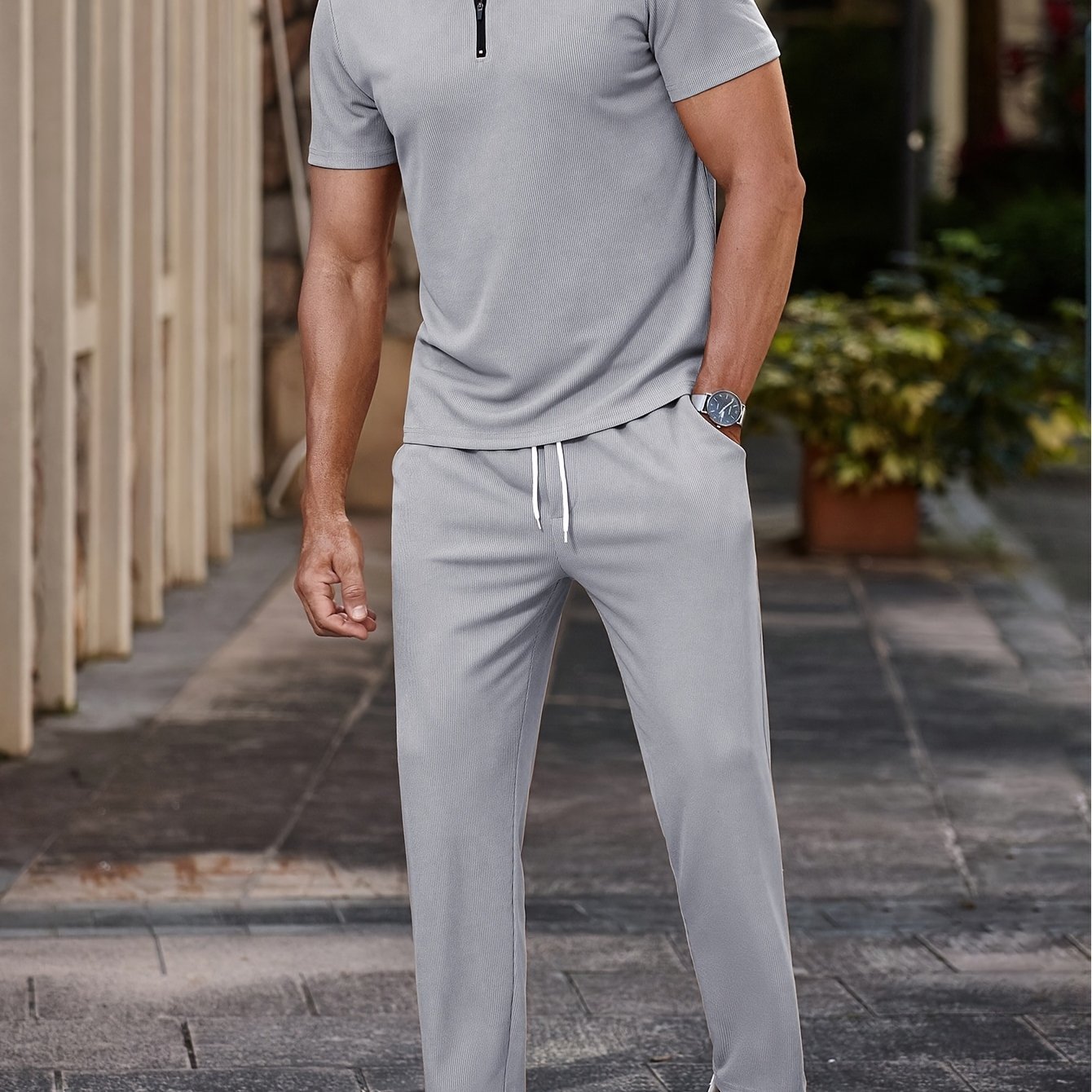 Men's Casual Outfit Polyester Short Sleeve Half-Zip Shirt and Drawstring Pants Summer