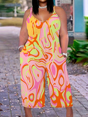 Plus Size Geometric Print Slip Jumpsuit Casual V Neck Sleeveless Pockets
